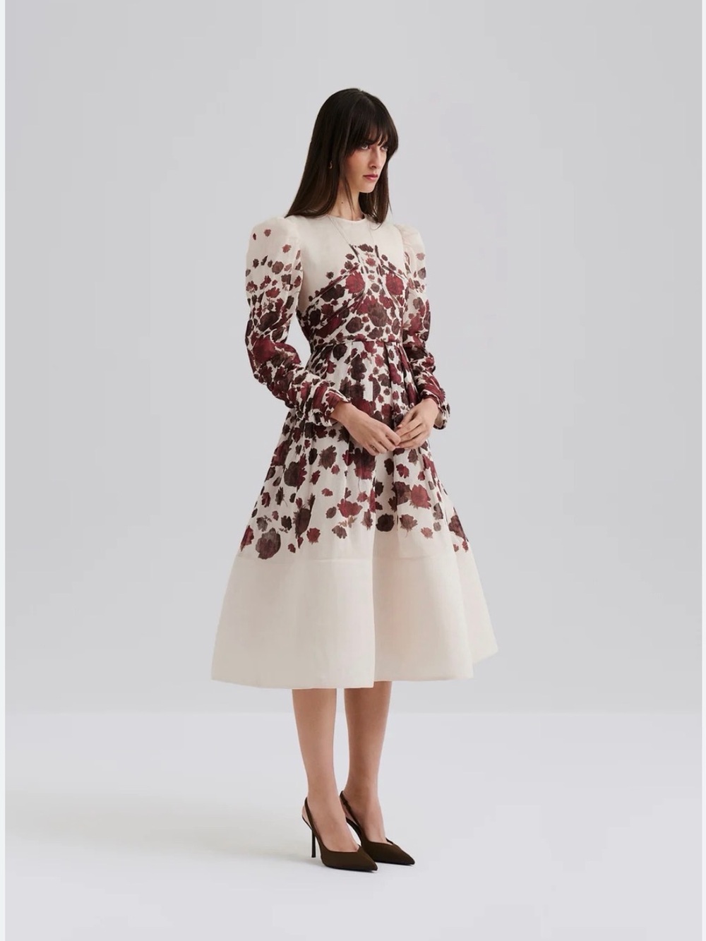 By Malina Ivory Midi Dress with Wine Floral Print and Puff Sleeves